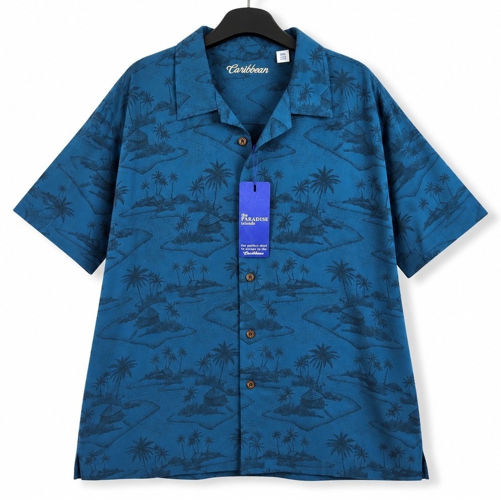 Caribbean Button Up Shirt Mens XXL Blue Paradise Islands Palm Tree Tropical Camp